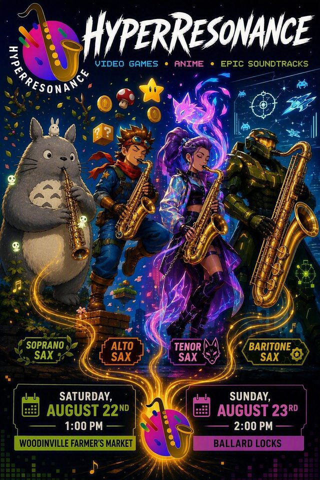 HyperResonance concert poster: video games, anime and epic soundtracks. A forest spirit, a goggled adventurer, a neon-lit singer and an armoured space marine play soprano, alto, tenor and baritone saxophone. Saturday August 22nd at 1:00pm, Woodinville Farmer’s Market; Sunday August 23rd at 2:00pm, Ballard Locks.